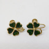 Silver Plated, Green Enamel, Seed Pearl Shamrock Screw-Back Earrings Vintage