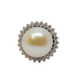 Sterling Silver Clear & Black CZ & Pearl Statement Ring Vintage c1970 Size Q