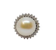 Sterling Silver Clear & Black CZ & Pearl Statement Ring Vintage c1970 Size Q