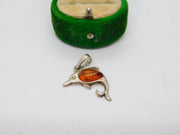 Sterling Silver Cabochon Amber Leaping Dolphin Charm Pendant Vintage c1970