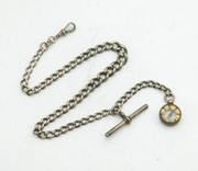 Art Deco Sterling Silver Albert Watch Chain & Compass Fob Antique 1912