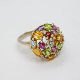 Sterling Silver Multi-Colour Gemstone Cluster Cocktail Ring Vintage c1990 Size R