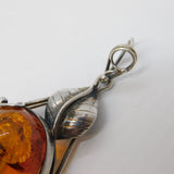 Sterling Silver Large Leaf Pattern Baltic Amber Drop Pendant Vintage c1970