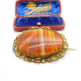 Large Victorian Rolled Gold Floral Framed Red Banded Agate Brooch Antique c1860