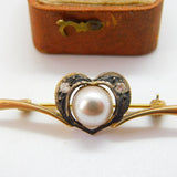Sterling Silver Gilt, Pearl & Spinel Heart Shaped Brooch Antique c1930 Art Deco