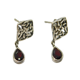 Pair of Sterling Silver Garnet Drop Celtic Pattern Stud Earrings Vintage c1970