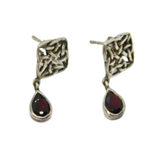 Pair of Sterling Silver Garnet Drop Celtic Pattern Stud Earrings Vintage c1970