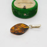 Sterling Silver & Baltic Amber Drop Charm Pendant Vintage c1970