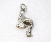 Sterling Silver Stork Baby Delivery Charm Pendant Vintage c1970