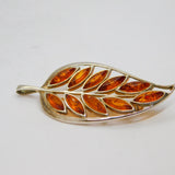 Sterling Silver Baltic Amber Leaf Form Brooch Vintage c1990