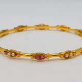 Yellow Metal, Ruby & Pearl Set Cuff Bangle Bracelet Vintage c1990