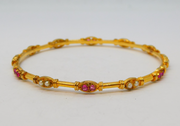 Yellow Metal, Ruby & Pearl Set Cuff Bangle Bracelet Vintage c1990