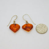 Pair of Sterling Silver Baltic Amber Heart Form Drop Earrings Vintage c1970
