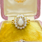 9ct Yellow Gold, Cabochon Opal & Spinel Floral Cluster Ring 2001 Birmingham