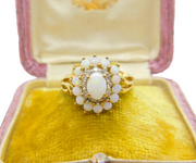 9ct Yellow Gold, Cabochon Opal & Spinel Floral Cluster Ring 2001 Birmingham