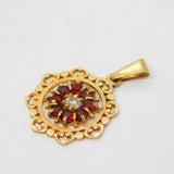 9ct Yellow Gold, Garnet & Diamond Floral Drop Pendant Vintage