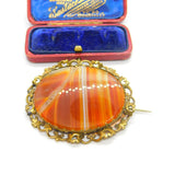 Large Victorian Rolled Gold Floral Framed Red Banded Agate Brooch Antique c1860