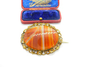 Large Victorian Rolled Gold Floral Framed Red Banded Agate Brooch Antique c1860