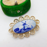 Sterling Silver Mounted Delft Ceramic Windmill Brooch Vintage c1960