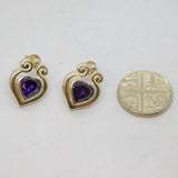 Pair of Sterling Silver Purple Crystal Heart Shape Stud Earrings Vintage c1990