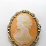 Art Deco 800 Grade Silver & Marcasite Carved Shell Cameo Brooch Antique