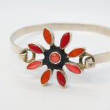 Mexican Sterling Silver & Red Agate Set Floral Bangle Bracelet Vintage c1970s