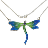 Sterling Silver & Colourful Enamel Dragonfly Pendant Necklace Antique c1930 Deco