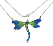Sterling Silver & Colourful Enamel Dragonfly Pendant Necklace Antique c1930 Deco