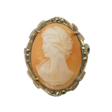 Art Deco 800 Grade Silver & Marcasite Carved Shell Cameo Brooch Antique
