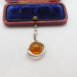 Sterling Silver Modernist Baltic Amber Set Drop Pendant Vintage c1960
