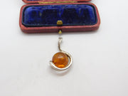 Sterling Silver Modernist Baltic Amber Set Drop Pendant Vintage c1960