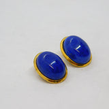 Pair of Gold On .800 Silver Blue Hard Stone Oval Clip-On Earrings Vintage c1970