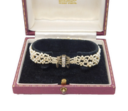 Boxed Art Deco 14ct White Gold & Diamond Set Natural Pearl Cuff Bracelet Antique