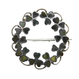 Victorian Sterling Silver & Connemara Marble Shamrock Brooch Antique c1880s