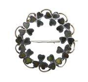 Victorian Sterling Silver & Connemara Marble Shamrock Brooch Antique c1880s