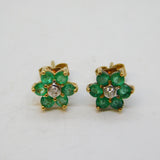 9ct Yellow Gold, Emerald & Diamond Set Floral Cluster Stud Earrings Vintage