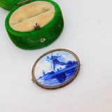 Sterling Silver Mounted Delft Ceramic Windmill Brooch Antique c1930 Art Deco