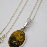 Sterling Silver & Cabochon Cut Green Amber Drop Pendant Necklace Vintage
