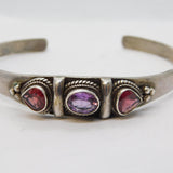 Sterling Silver, Garnet & Amethyst Set Studio Style Bangle Bracelet Vintage