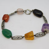 Sterling Silver Multi-Gem Set Bracelet Vintage c1970 Amber, Amethyst, Agate