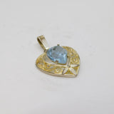 Sterling Silver Patterned Open Heart With Blue Glass Charm Pendant Vintage c1970