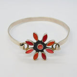 Mexican Sterling Silver & Red Agate Set Floral Bangle Bracelet Vintage c1970s