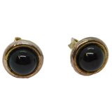 Pair of Sterling Silver Cabochon Black Onyx Round Stud Earrings Vintage c1970