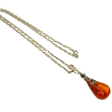 Sterling Silver Baltic Amber Pear Infinity Chain Pendant Necklace Modern c1990's