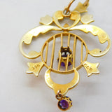 Edwardian 9ct Yellow Gold, Amethyst & Seed Pearl Lavalier Pendant Antique c1910