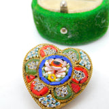 Italian Gilt Metal Micro Mosaic Heart Shaped Brooch Pin Antique c1930
