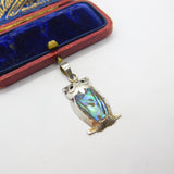 Sterling Silver & Abalone Set Perched Owl Pendant Vintage c1970