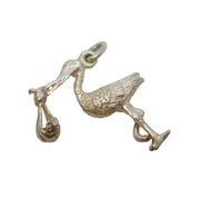 Sterling Silver Stork & the Baby Charm Pendant Vintage c1970