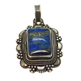 Sterling Silver Rectangular Lapis Lazuli Set Patterned Pendant Vintage c1970