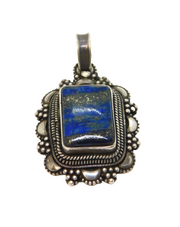 Sterling Silver Rectangular Lapis Lazuli Set Patterned Pendant Vintage c1970